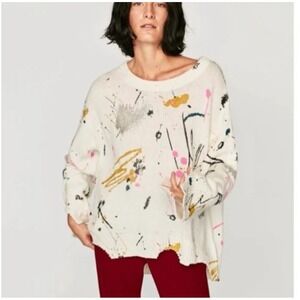ZARA KNIT White Paint Splatter Distressed Sweater Size S Oversized